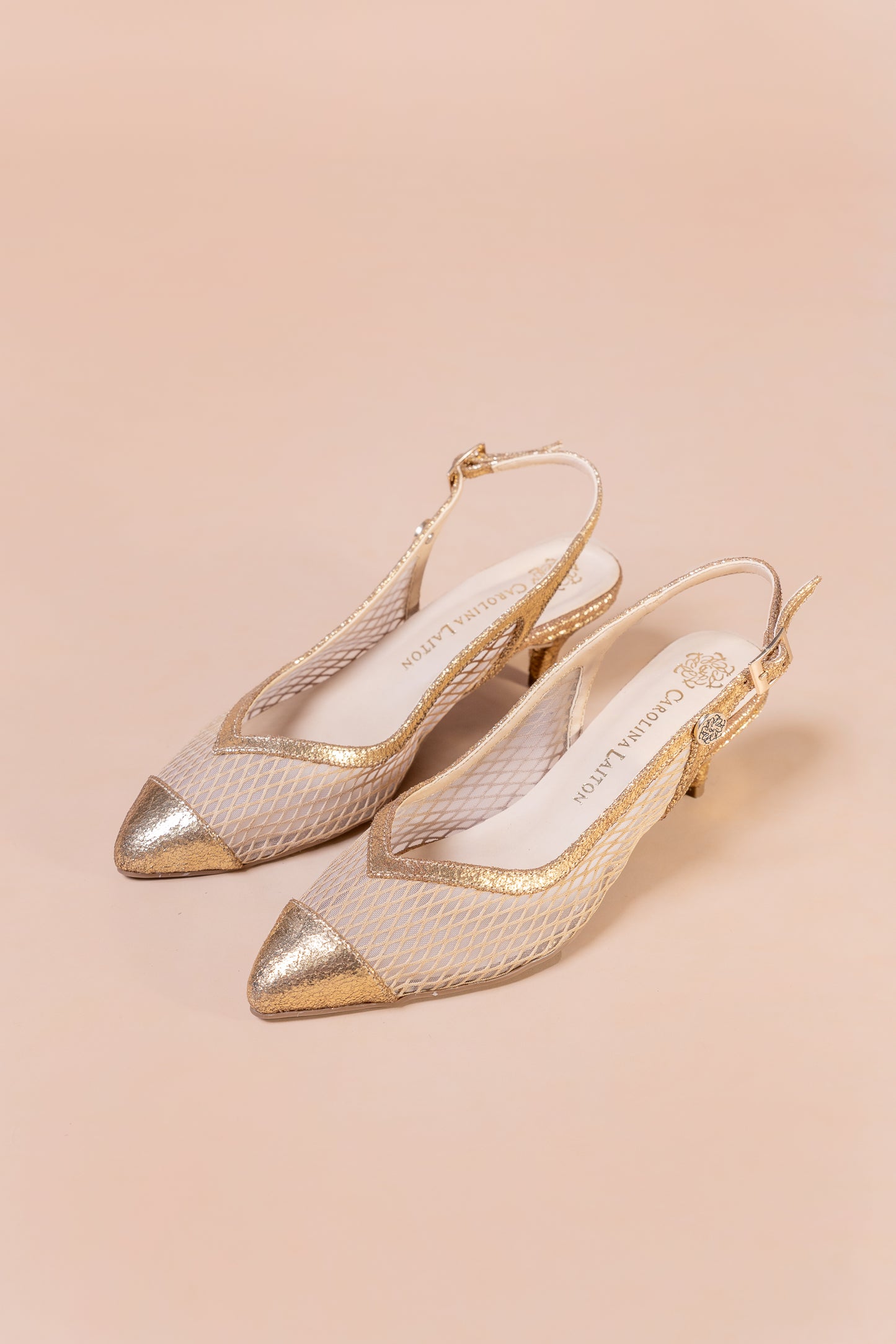 Stiletto Zyra- Cuero Oro x  Malla -Tacón 3.5 cms - Carolina Laiton
