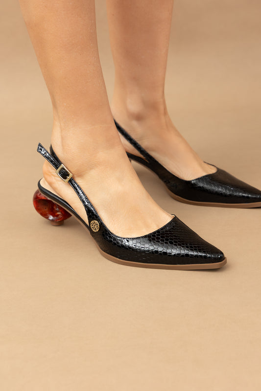 Stiletto Zara - Cuero Charol Serpiente Negro  -Tacón 5.5 cms - Carolina Laiton