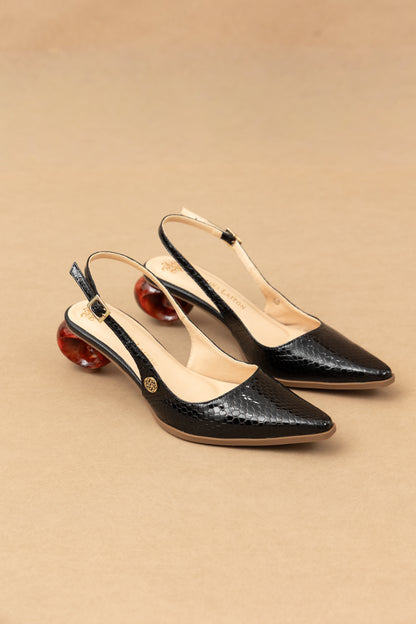 Stiletto Zara - Cuero Charol Serpiente Negro  -Tacón 3.5 cms - Carolina Laiton