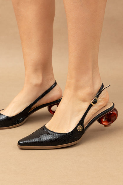 Stiletto Zara - Cuero Charol Serpiente Negro  -Tacón 3.5 cms - Carolina Laiton