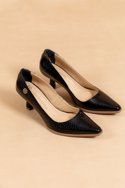 Stiletto Alessia - Cuero Italiano Pitón Negro -Tacón 5.5 cms - Carolina Laiton